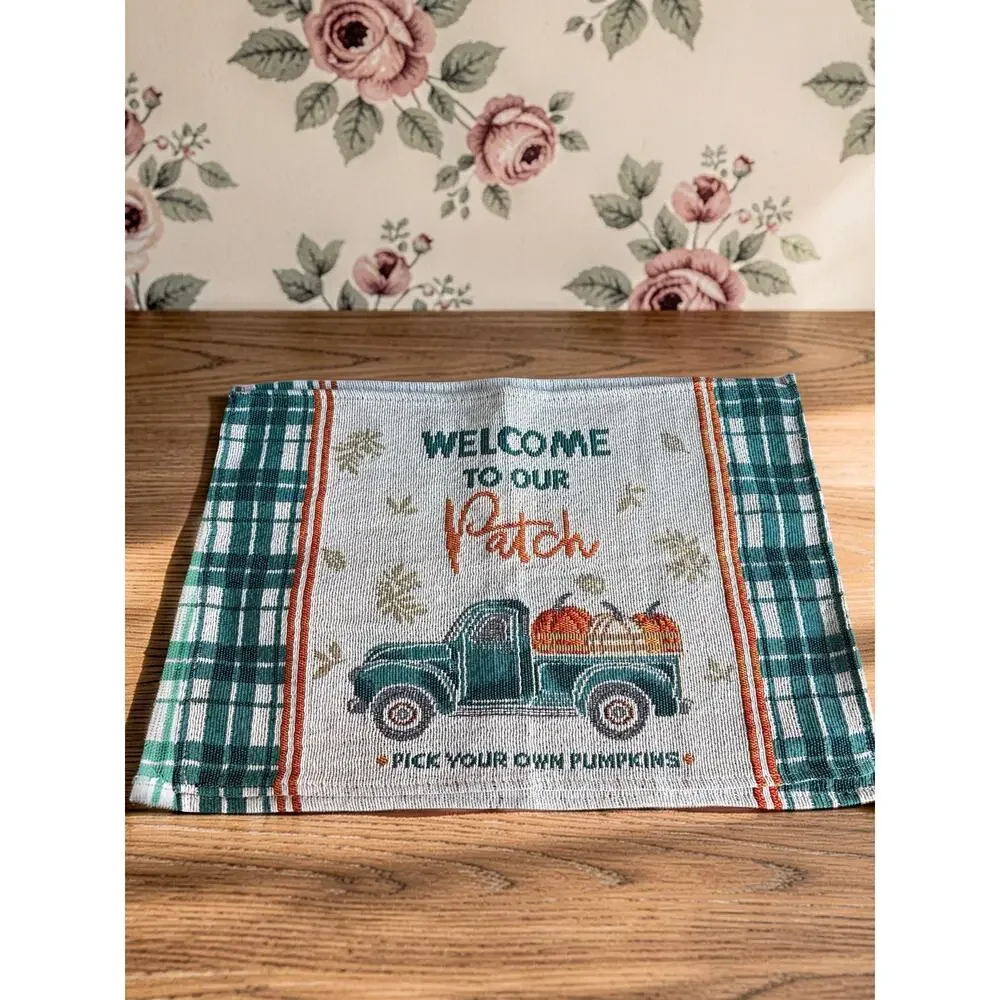Set of 2 Fall Pumpkin Patch Placemats Green Plaid Vintage Truck Farmhouse